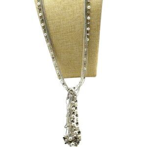 Faux Pearl Crystal Necklace Beaded Multi-Strand Layered Tassel Silver-tone Chain